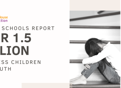 Young child on floor with head in knees and stats on homeless youth