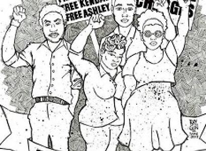 Sketch of four young black people with fists in air and words blackpride4