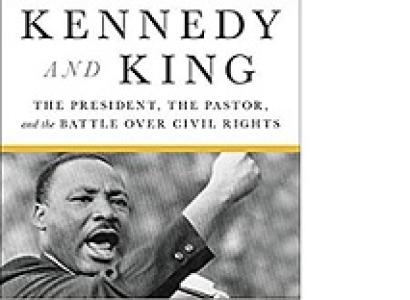 Book cover with photo of John F Kennedy and and MLK both shouting with their fists in the air and the word Kennedy and King
