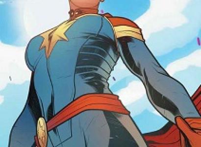 Female superhero comicbook character wearing a tight blue onesie, a red belt, gold epaulets on the shoulders. short blonde hair very spiky against a blue sky with clouds