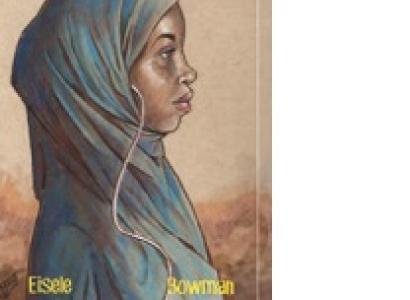 Drawing of a black young woman wearing a blue burqa and the words Far Tune Autumn