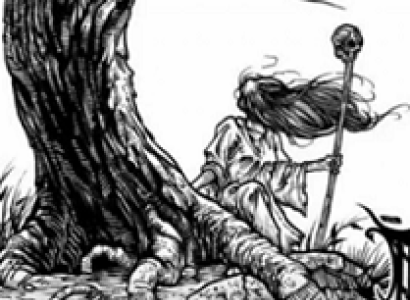Black and white pen and ink drawing of a little girl with long hair blowing straight out in the wind with a scepter in one hand next to a curvy large trunked tree