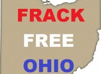 A beige background shaped like the state of Ohio and the words Frack Free Ohio in Red white and blue