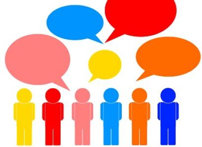 Different colored cartoon people talking in colored speaking bubbles