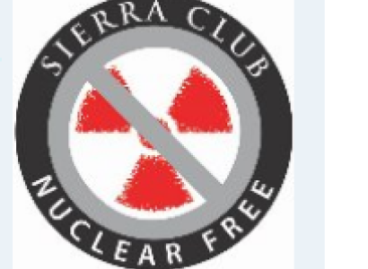Circle logo with a radiation sign in the middle and a gray no symbol crossing over it and the words Sierra Club Nuclear Free