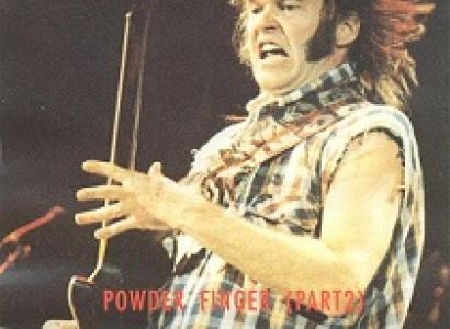 Man playing a guitar with his hair sticking straight up in the air and his face in a strange scowl he's wearing a plaid shirt without sleeves and he has long sideburns, the name Neil Young in red letters at top and Powderfinger below