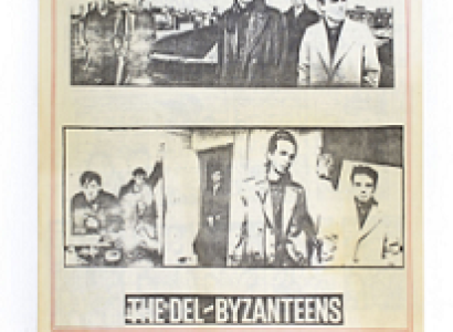 Black and white old newspaper with photos of guys from a band and words The Offense and The Del Byzanteens