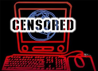 Black background with red line drawing of a computer and the words Censored in white over the screen, which also has a world on the screen
