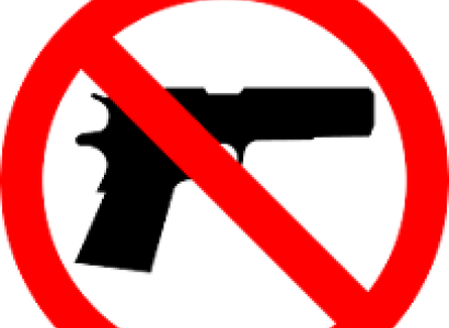 Black silhouette drawing of a gun with a red circle around it with a line through it signifying "no"