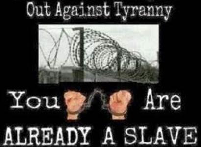 Picture of barbed wire and hands in handcuffs with the words If You're Afraid to Speak Out Against Tyranny You Are Already A Slave