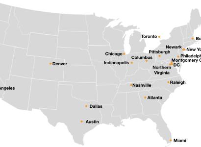 Map of US with spots where they are considering putting Amazon HQs