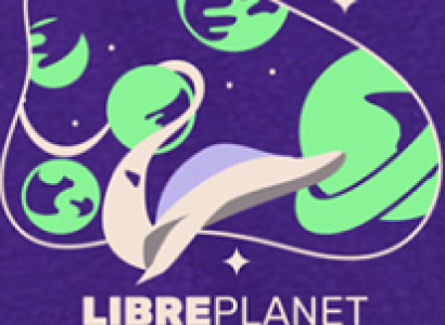 Purple background and drawings of lots of stars and planets and the words Libreplanet 2019