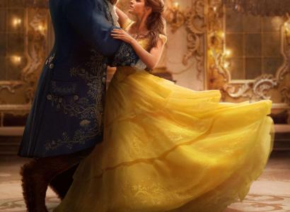 Young woman wearing an old-fashioned hoop dress dancing with the beast, hairy man in a suit