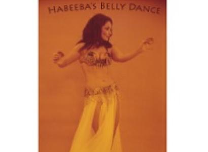 Orange photo of woman with long black hair belly dancing and words Habeeba's Belly Dance