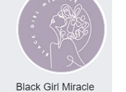 Purple circle with a drawing of a side view of a woman with curly hair and the words Black Girl Miracle