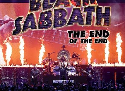 Movie poster with words Black Sabbath the end of the end and them playing in their band on stage in front of a crowd