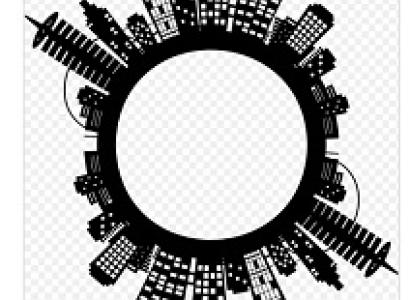 Drawings of buildings all around the perimeter of a circle