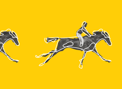 Yellow background with sketchy drawings of jockeys riding horses