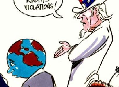 Drawing of Uncle Sam in a red, white and blue top hat talking to the world saying Human RIghts Violations