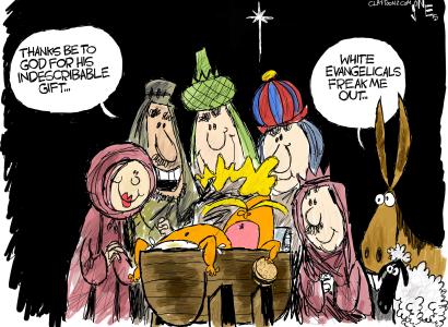 Cartoon of baby Jesus only its Trump in the manger