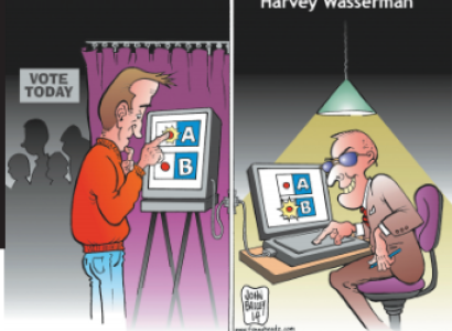 Cover of the book with picture of a guy voting on one side and a guy programming the voting machine to flip the vote on the other side