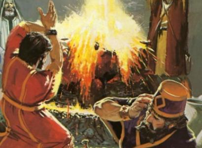 Biblical-looking men with their arms raised to heaven around a big gold flashy light