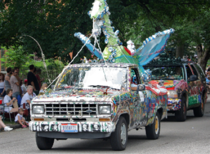 Decorated car with a dragon on top