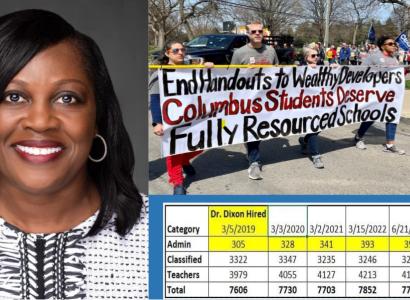 Dixon and people protesting and a chart