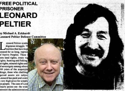 Mike Eckhardt in front of article he wrote about Leonard Peltier