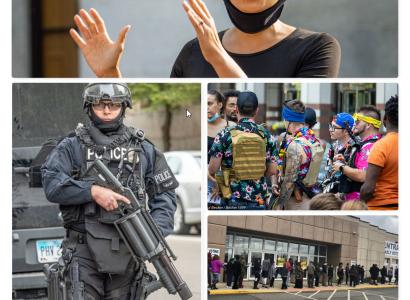 Collage of photos including a black woman talking, a guy with a rifle, people standing in line to vote and Boogaloo boys