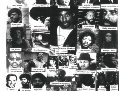 Lots of black & white photos of Tupac and others with captions