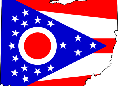 The map of Ohio with the Ohio flag coloring it in, red stripes and a blue triangle with white stars inside and a red circle