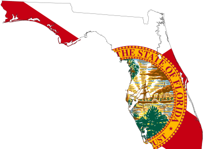 Map of Florida with State of Florida seal coloring it in, a red line with a gold circle and pictures inside