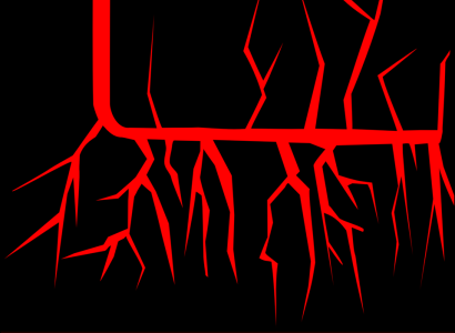 Black and red image of the ground on top with a fracking tower, trees and a house and below red lines branching out underneath