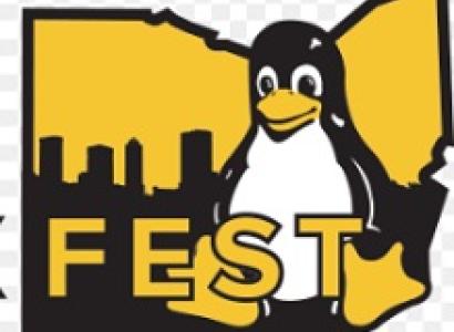 Cartoon of Penguin on top of a map of the state of Ohio with the word FEST in front of it