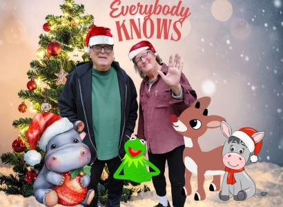 Bob and Dan with Christmas tree, kermit, Dominick the Donkey, a hippo and Rudolph