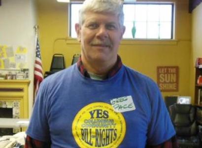 Greg Pace in Columbus Community Bill of Rights shirt