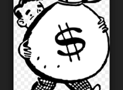 Black and White drawing of man carrying a huge bag of money