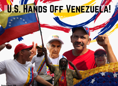 Men and women holding fists in air and blue, red, yellow flag and colors swirling around in background