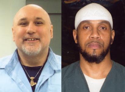 Two photos side by side, two men, on the left is white he is bald with a gold necklace, on the right he is black with a white hat and a beard. 