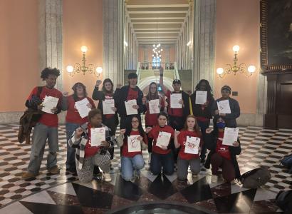Students posing in the hall