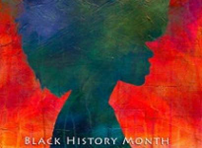 Colorful reddish background like a watercolor in bright vibrant colors, the silhouette of of a woman with a huge natural Afro in blue