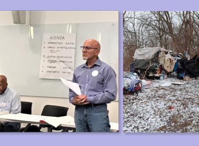 Jon Beard and Joe Motil and a homeless tent