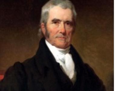 Painting of an older man with long gray hair and sideburns wearing a high white ascot under a black jacket