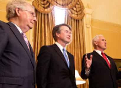 Three older white guys in a room with fancy curtains