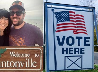 Will Klatt and wife, Clintonville sign and Vote Here sign