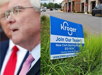 Kroger sign in front of store and face of Kroger executive
