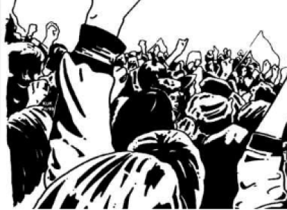 People with fists in air
