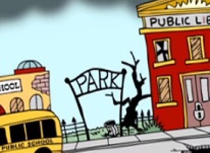 Cartoon of broken down school bus a damaged Park sign and a public school in disrepair