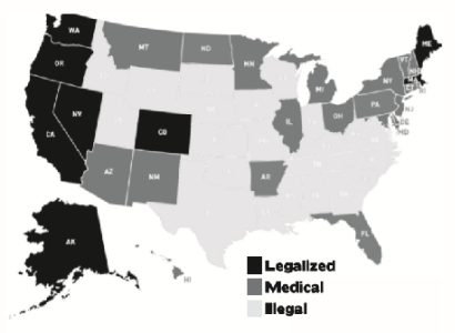 Map with states highlighted that legalized marijuana